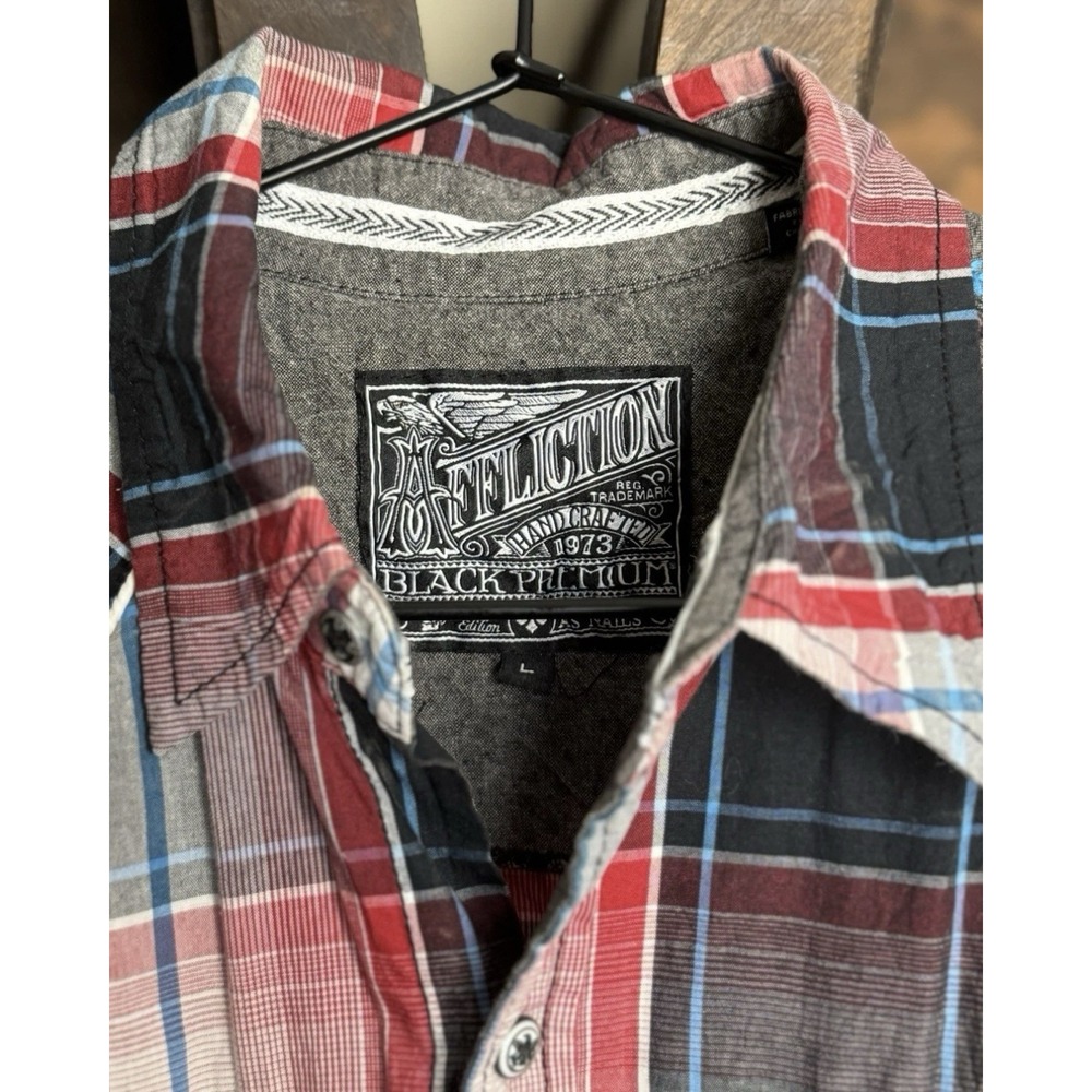 Affliction Black Premium Men's L Western Red Plaid Pearl Snap Shirt Embroidered - Picture 8 of 8